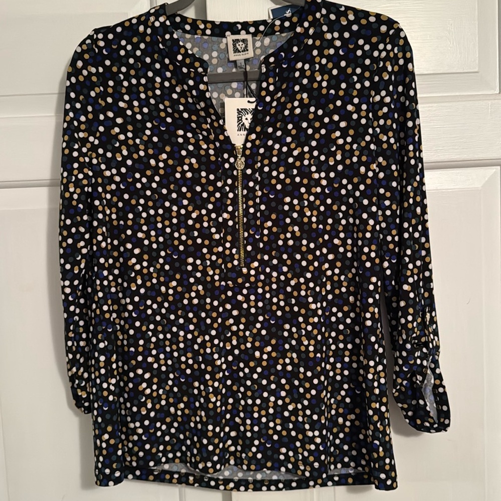Anne Klein polka dot front zippered  blouse